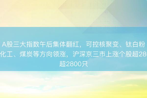 A股三大指数午后集体翻红，可控核聚变、钛白粉、磷化工、煤炭等方向领涨，沪深京三市上涨个股超2800只
