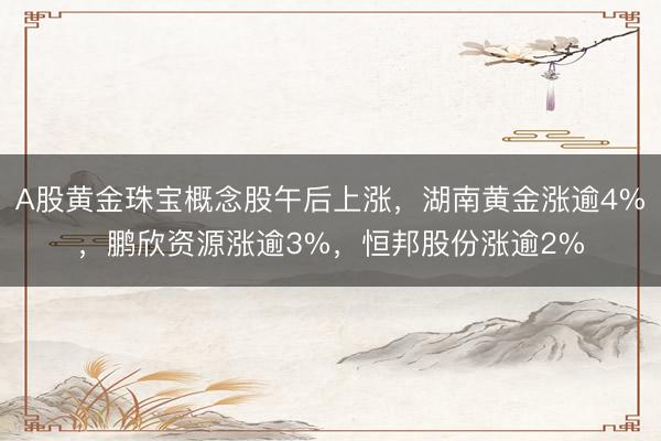 A股黄金珠宝概念股午后上涨，湖南黄金涨逾4%，鹏欣资源涨逾3%，恒邦股份涨逾2%