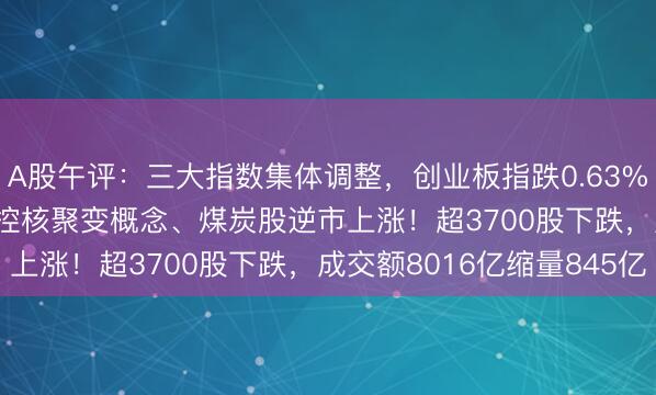 A股午评：三大指数集体调整，创业板指跌0.63%北证50涨0.97%，可控核聚变概念、煤炭股逆市上涨！超3700股下跌，成交额8016亿缩量845亿